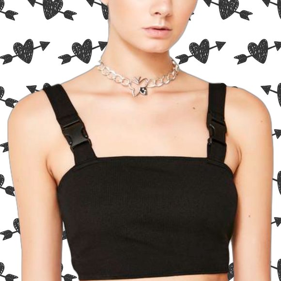 Dolls Kill Tops - MOTEL Farety black buckle ribbed crop top